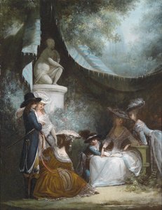 Escena al aire libre de hombre, niño y mujeres vestidos con estilos de ropa de alrededor de 1780 de Philibert Louis Debucourt